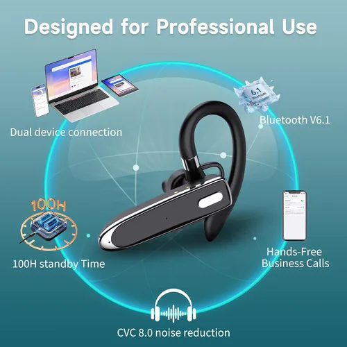 Vista 3 de Auriculares Bluetooth de un solo oído con Bluetooth 6.1, auriculares Bluetooth para 100 horas de tiempo de espera, batería de 800 mAh, auriculares