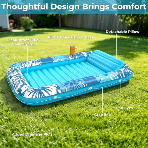 Vista 6 de Flotador inflable para tumbona de piscina, 70 x 46 pulgadas, flotadores de piscina para adultos con almohada, flotador de balsa para bañera Azul