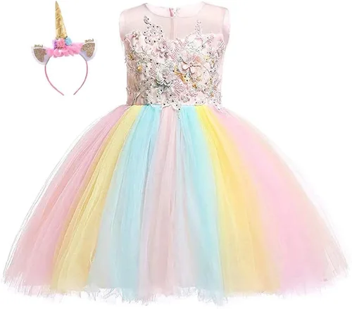 Vista 6 de REXREII Disfraz de unicornio para niñas pequeñas, vestido de tul con diadema para boda, cumpleaños, Navidad, Halloween