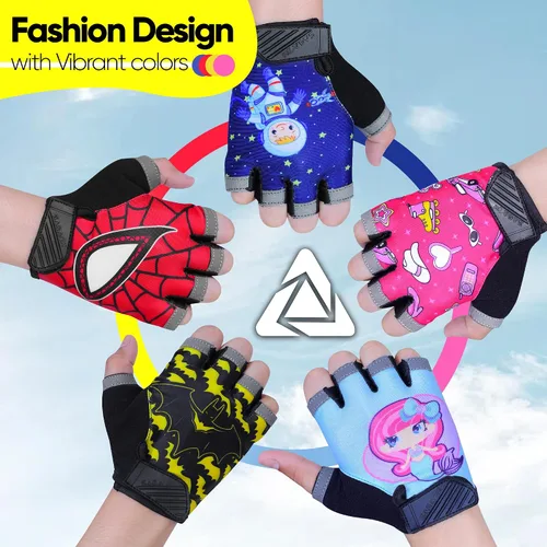 Vista 4 de Guantes de ciclismo de medio dedo para niños, antideslizantes, acolchados, antideslizantes, sin dedos, para niños y niñas, ideales para BMX, MTB
