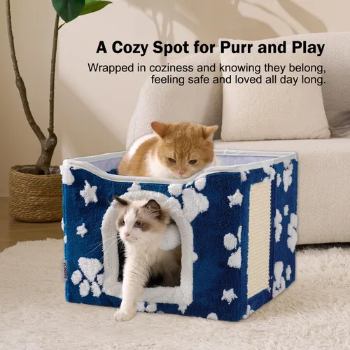 Vista 2 de Casas para gatos de interior, bonita cueva para gatos con bola esponjosa para colgar y almohadilla para rascar, escondite plegable para gatitos, 17