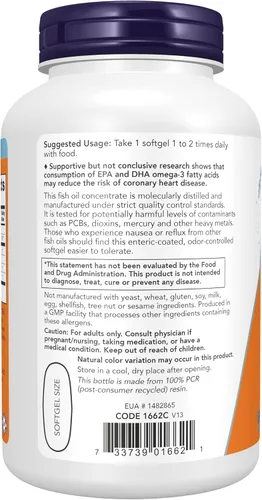 Vista 3 de NOW Foods Suplementos, Ultra Omega-3 Destilado Molecularmente y Recubierto entérico, 180 cápsulas blandas