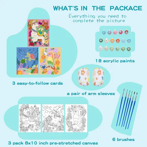 Vista 2 de Kit de pintura por números para niños de 8 a 12 años, lienzo enmarcado de 10 x 8 pulgadas con 17 macetas de pintura acrílica y 6 pinceles
