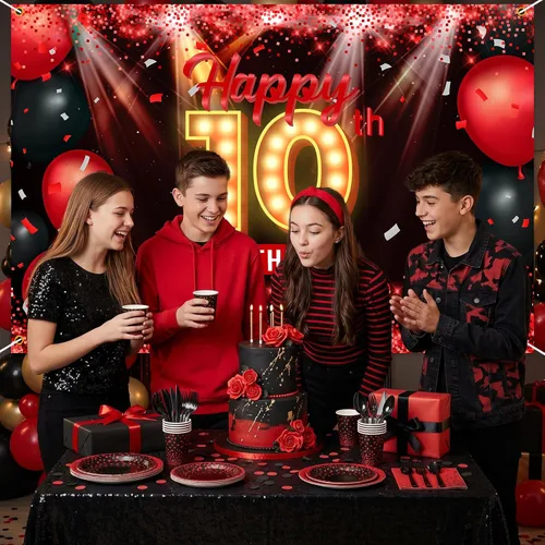 Vista 7 de Cartel de feliz cumpleaños 10 años, fondo rojo y negro, decoraciones de cumpleaños para niñas y niños de 10 años, artículos de fotografía