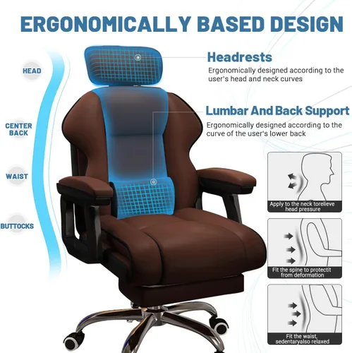 Vista 3 de Silla ejecutiva para computadora, silla de escritorio para oficina en casa, ángulo ajustable, ergonómica, de altura ajustable, sillas de piel Marrón