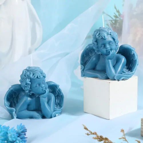 Vista 5 de Nuanchu Eclectic Angel Decor - 2 velas veganas de cera perfumada de soja en blanco y rosa para decoración moderna de dormitorio (azul lago)