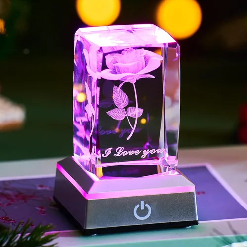 Vista 5 de Lámpara Nocturna de Cristal de Rosa 3D con Luces LED Ajustables - Te Amo, Ideas de Regalo para el Día de la Madre, San Valentín, Aniversario, Regalo