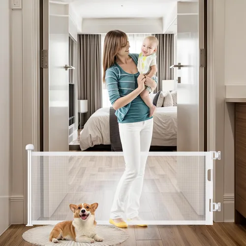 Vista 19 de Puertas retráctiles para bebés de 24 pulgadas de alto para pasar por encima, puertas cortas para perros, puerta para mascotas para cachorros