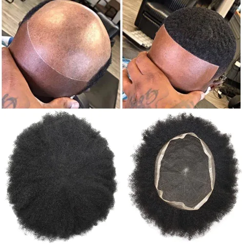 Vista 2 de Afro - Toupee - Toupee para hombre, encaje suizo, rizado, para hombres negros, hombres afroamericanos, todos los encajes, sistemas de reemplazo
