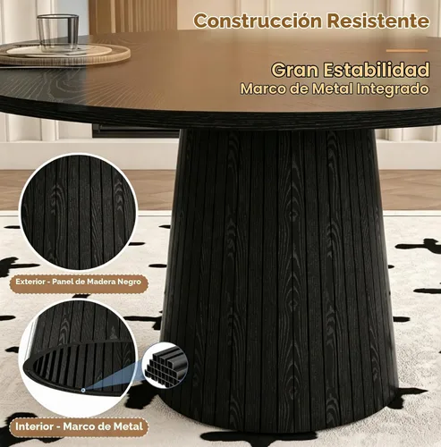 Vista 5 de Black Round Dining Table Set for 4, 47 In Kitchen Table with 4 Fabric Chair