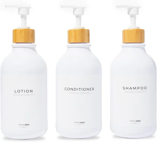 Vista 15 de MaisoNovo Botellas recargables de champú y acondicionador Juego de 3 botellas de plástico ámbar de 16.9 fl oz con bombas de bambú negras