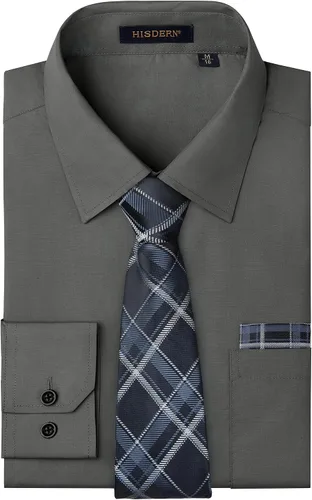 Vista 64 de HISDERN Mens Dress Shirt with Tie Pocket Square Set Classic Button Down Shirt Matching Tie Long Sleeve Shirts 08-verde