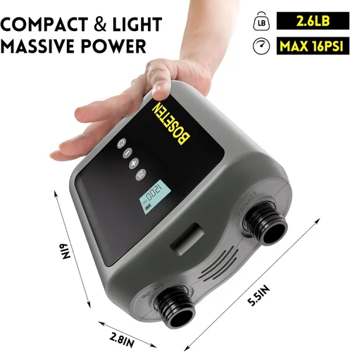 Vista 3 de Bomba de tabla de remo, bomba de aire eléctrica SUP, función de desinflación, apagado automático, conector de coche de 12 V CC para tabla de remo