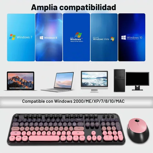 Vista 5 de Kootop - Combo de teclado y mouse inalámbrico, teclado retro colorido lindo con 104 teclas, teclas redondas estilo máquina de escribir para PC