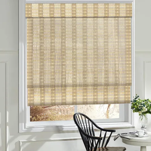 Vista 17 de Cortinas romanas de madera para ventana, cortinas de bambú opacas forradas, fácil instalación para el hogar y el jardín, patrón 1