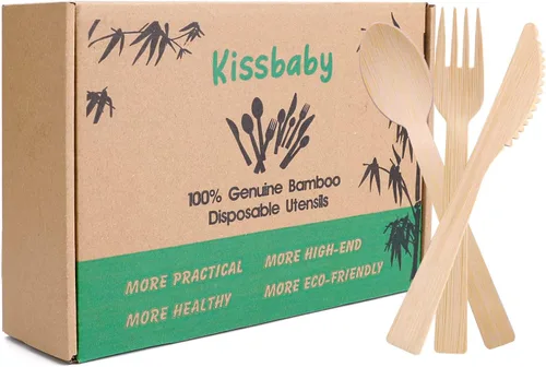 Vista 8 de Utensilios de bambú -100 PK (50 tenedores, 25 cucharas, 25 cuchillos) 6.7 pulgadas, tenedores compostables, cucharas, cuchillos, cubiertos de bambú