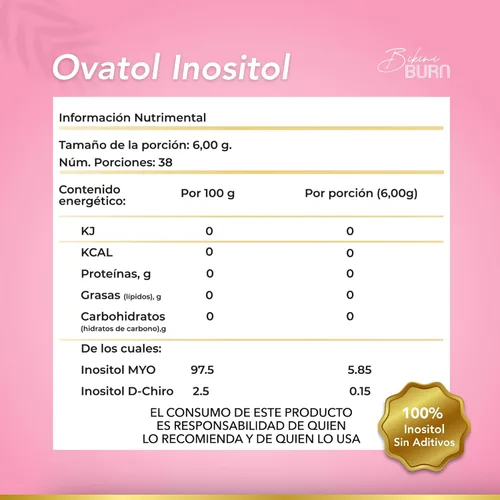 Vista 3 de Ovatol (0.21 onzas) de inositol en polvo puro Myo-inositol y D-Chiro-inositol Proporción 40:1 0.23 oz por porción Suplemento en polvo