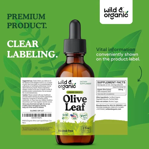 Vista 9 de Wild & Organic Gotas líquidas de extracto de hoja de olivo - Apoyo inmunológico y antioxidante - Suplemento de hoja de olivo de oleuropeína - Añadir