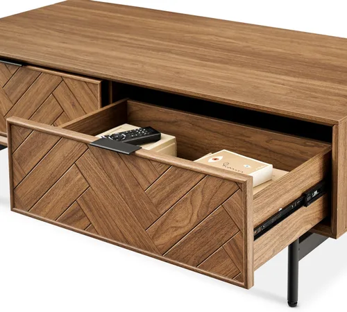 Vista 6 de mopio Axis - Mesa auxiliar de nogal en espiga de 47 pulgadas con patas y asas de metal negro delgadas reforzadas, diseño industrial