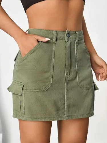 Vista 3 de WDIRARA Falda vaquera de cintura alta con cremallera lateral y bolsillo con solapa para mujer