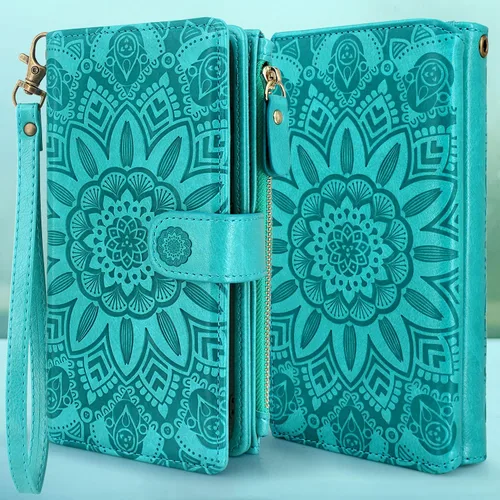 Vista 2 de Harryshell Funda de piel desmontable con cremallera magnética con bolsillo para monedas, 12 ranuras para tarjetas, correa de muñeca, cordón