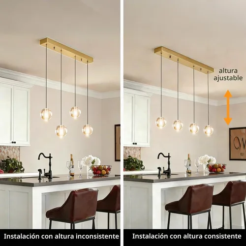 Vista 5 de Lámparas colgantes de oro cepillado de 4 luces para isla de cocina moderna, lámparas colgantes de globo de cristal para comedor sobre mesa, lámparas