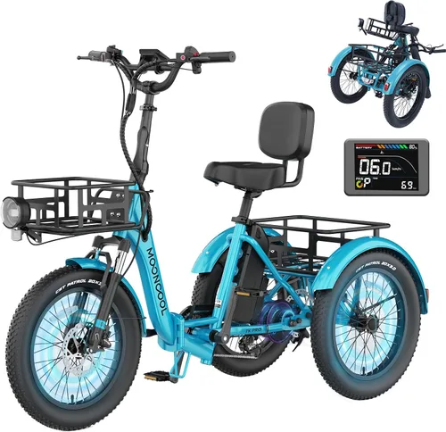 Vista 12 de MOONCOOL Triciclo eléctrico para adultos, 500 W/750 W 48 V, triciclo eléctrico plegable de potencia máxima 1100 W, neumático grueso de 20 x 3.0
