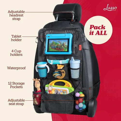 Vista 3 de Organizador para asiento trasero de coche Lusso Gear - Alfombrilla protectora contra los pies de los niños - 12 bolsillos grandes de almacenamiento