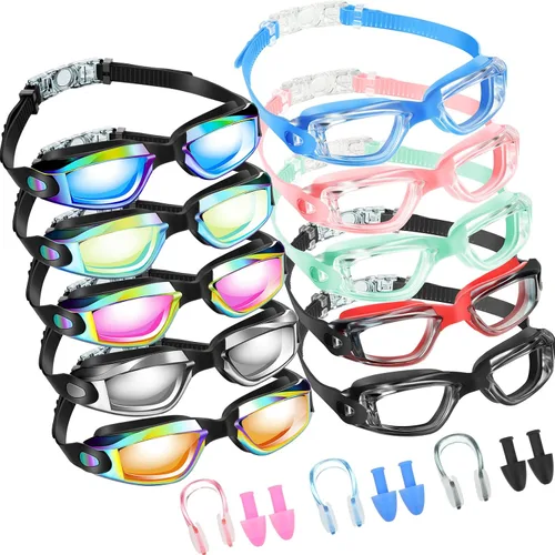 Vista 9 de Konohan Paquete de 10 gafas de natación a granel para niños y adultos, gafas de piscina antivaho de silicona sin fugas, gafas de natación