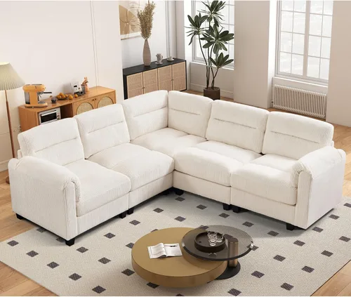 Vista 35 de HAOMARKETS Sofá esquinero modular en forma de L de 115 pulgadas con 2 otomanas móviles, sofás de pana de 8 plazas con cojín grueso para sala de Beige