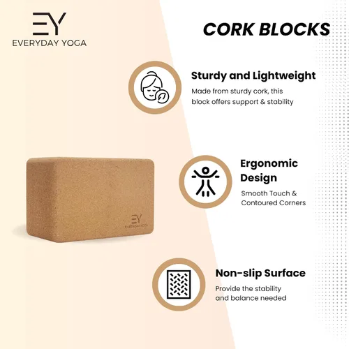 Vista 3 de Everyday Yoga Bloque de yoga de madera de corcho de alta densidad, mejora la fuerza, flexibilidad con soporte de mano de entrenamiento de ladrillo