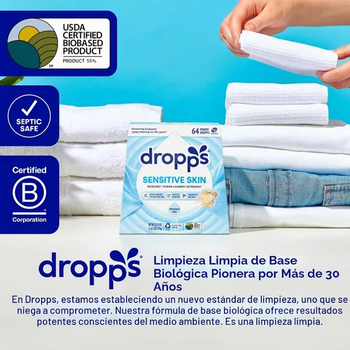 Vista 6 de Dropps Cápsulas de detergente para ropa de piel sensible, sin perfume (64 unidades) - Hipoalergénico y probado por dermatólogos Libre
