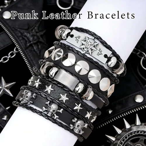 Vista 2 de MILAKOO Juego de pulseras punk de piel sintética para mujeres y hombres, remaches tachonados, calavera y estrella, pulseras para accesorios