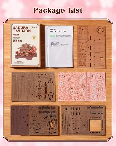 Vista 8 de Rolife Rompecabezas de madera 3D Sakura Pavilion, modelo de arquitectura japonesa y kit de construcción de casas en miniatura para adultos Marrón