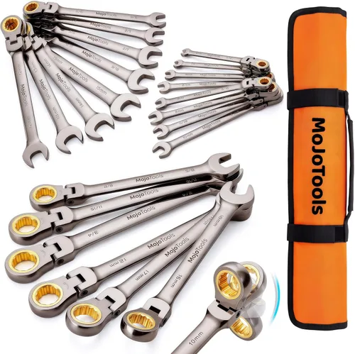 Vista 15 de Juego de llaves de trinquete SAE de 15 piezas (1/4 ″ – 1 ″), llaves combinadas de cabeza flexible de 72 dientes, kit de herramientas mecánicas Cr-V