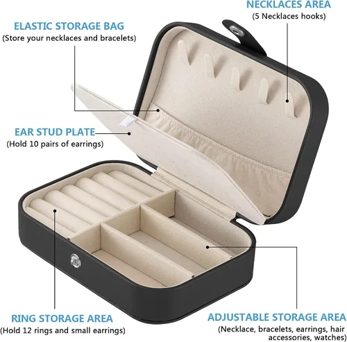 Vista 2 de Oyydecor Joyero portátil pequeño de 2 capas organizador de joyas de viaje de piel sintética para anillos collares aretes pulseras regalo de San