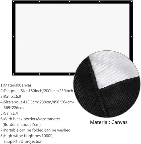 Vista 4 de Pantalla de proyector, lanzamiento de 180/200/250/300 pulgadas, pantalla de proyección de 16:9, pantalla portátil, lienzo blanco mate para película