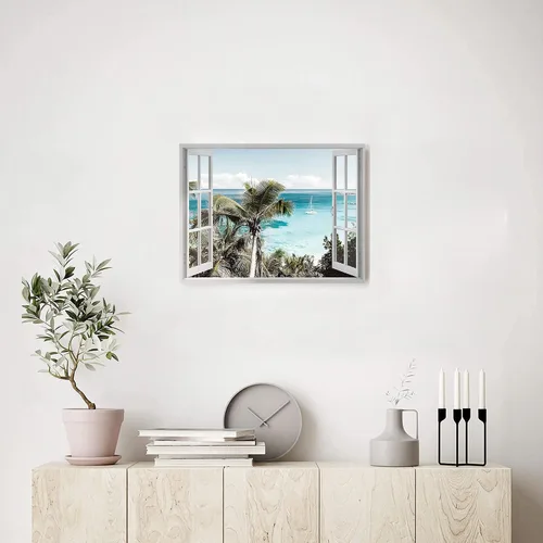 Vista 4 de Sea Whisper Lienzo decorativo para la pared de la ventana de la playa: imagen costera del océano, impresión de palmeras tropicales sobre pintura