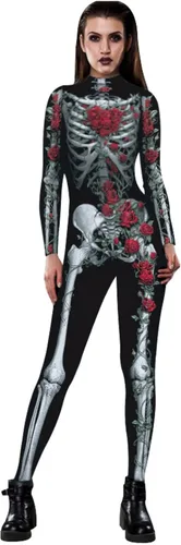 Vista 15 de Disfraz de esqueleto de calavera para Halloween para mujer, overol elástico y ajustado Skull Skeleton Costume Jumpsuits Stretch Skinny Catsuit