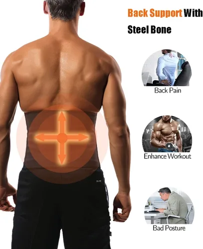 Vista 3 de GainKee 100% Látex Fajas de Entrenamiento para Cintura de Hombre con Hueso de Acero, Cinturón de Sudor, Traje de Sauna para Fitness, Moldeador