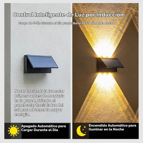 Vista 7 de ASLIDECOR Luz solar de pared hacia arriba, paquete de 2 6 luces LED iluminan al aire libre, lámpara con sensor de luz solar, IP65, impermeable