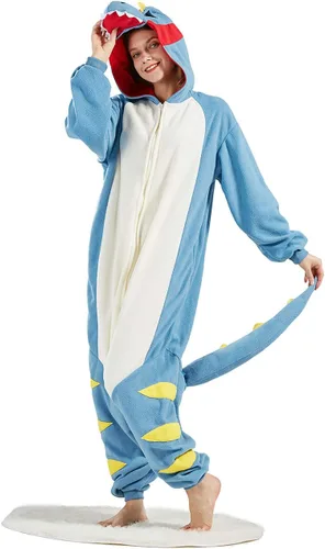 Vista 4 de DELEY Women Men Halloween Onesie Adult Pajamas Animal Cosplay Costume Homewear Sleepwear Jumpsuit,Tyrannosaurus