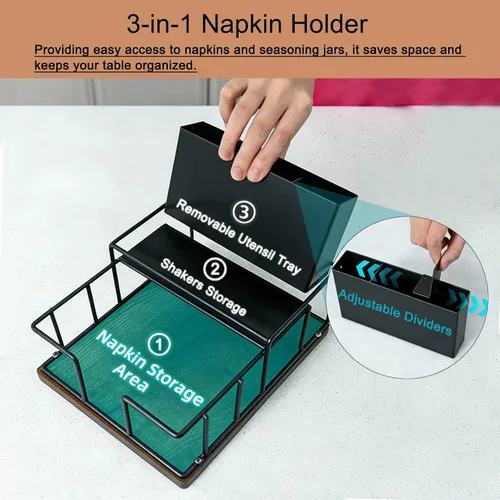 Vista 5 de Servilletero para mesa, dispensador de servilletas de metal con almacenamiento de salero y pimienta, soporte para utensilios 3 en 1, estante