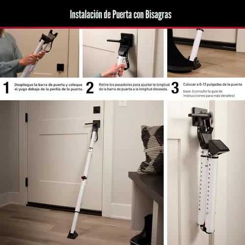 Vista 4 de Master Lock Tope de puerta corredera y barra de seguridad de puerta, ajustable para puertas batientes y correderas, lo suficientemente compacto como