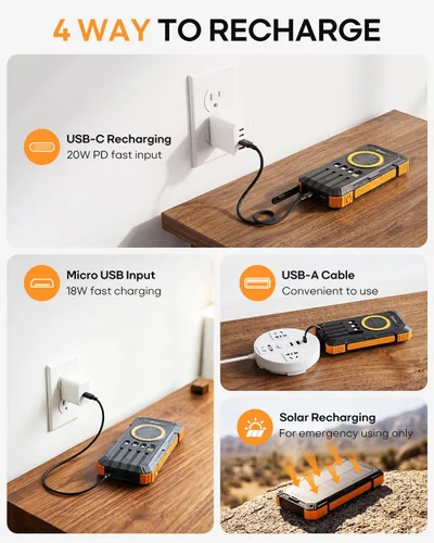 Vista 5 de BigBlue Banco de energía solar de 20,000 mAh con 4 cables incorporados, 20