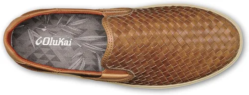 Vista 6 de OLUKAI Lae'ahi Lauhala - Zapatos de cuero tejido para hombre, versátiles tenis de cuero para uso diario, diseño fácil de poner, uso durante todo