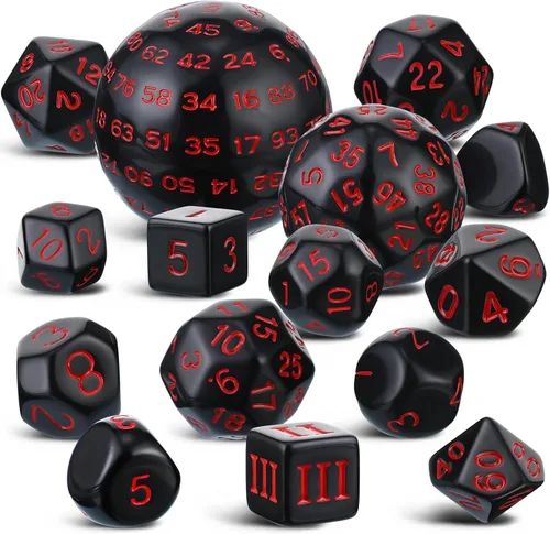 Vista 8 de Civaner Juego completo de 15 dados poliédricos D3-D100 esféricos RPG en negro opaco, 100 lados para juegos de rol, suministros de fiesta