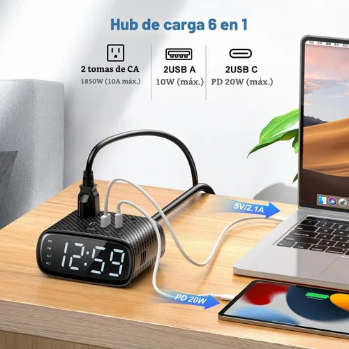Vista 3 de Sussex Reloj despertador con 2 USB-C, 2 cargadores USB-A, 2 tomas de corriente, 2 tomacorrientes, pantalla LED, reloj digital regulable con función
