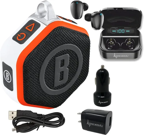 Vista 7 de Bushnell Wingman Mini Altavoz Bluetooth GPS negro/plateado con auriculares negros definitivos y cargadores de pared/coche