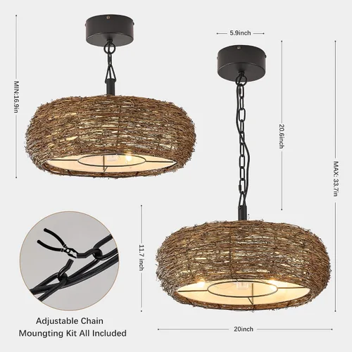 Vista 4 de Candelabro de ratán boho con ventilador de techo, canasta tejida a mano estilo granja con ventilador de techo, altura ajustable para isla de cocina